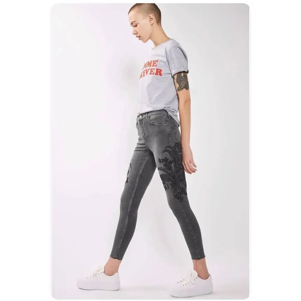 Topshop Moto Jamie high waist ankle grazed grey embroidered jeans